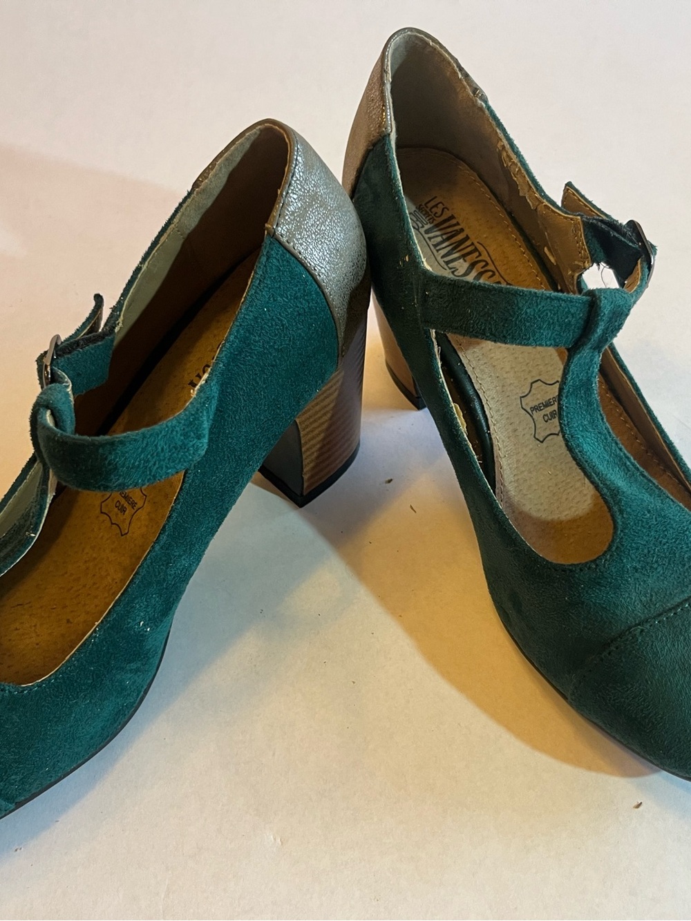 Teal Suede T-Strap Block Heel Pumps